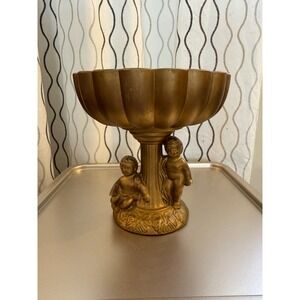 Vtg Gold Cherub Compote Bowl Scalloped Emerald Green Glaze Ceramic Centerpiece